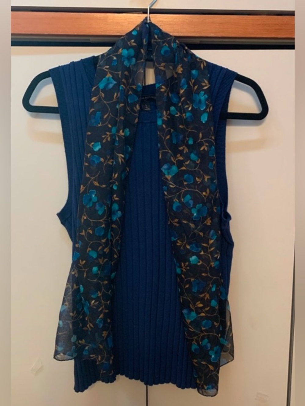 Sheer Black Scarf with Blue Floral Print